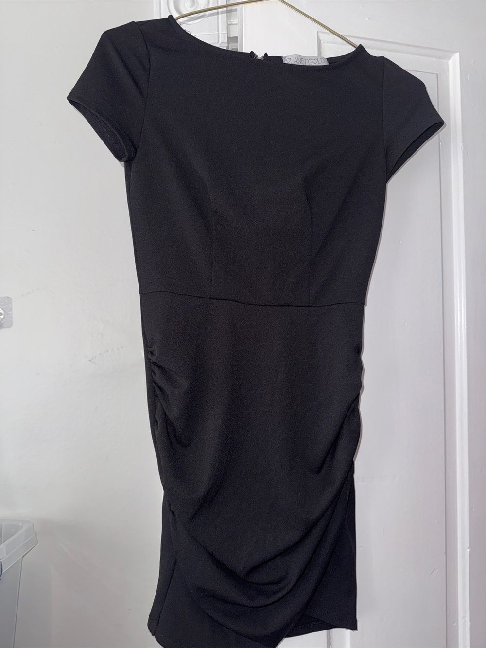 Planet Gold Black Cap-Sleeve Sheath Mini Dress with Drape